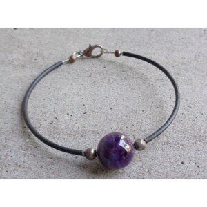 Purple Amethyst? Stone Bead Black Cord Bracelet Simple Minimalist Womens Jewelry